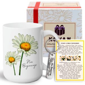 new beginnings box gifts for women, daisy white coffee mug 15oz and keychain, gifts for new job, new home, leaving job, goodbye, good luck, going away, farewell coworker leaving, divorce gifts