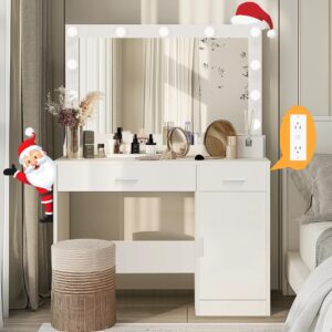 likein vanity desk with mirror and lights, makeup vanity desk with lights, modern dressing table with charging station 2 drawers & cabinet for girls women