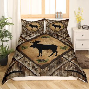 Moose Duvet Cover Queen Size 3 Pcs Barn Door Wooden Stripes Rustic Farmhouse Bedding Set for Kids Teens Adults Cartoon Tribal Arrow Wild Animal Plants Comforter Cover with 2 Pillowcases