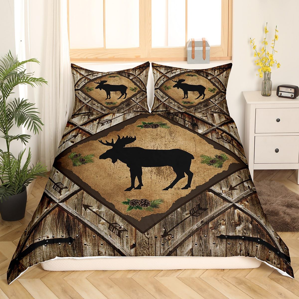 Moose Duvet Cover Queen Size 3 Pcs Barn Door Wooden Stripes Rustic Farmhouse Bedding Set for Kids Teens Adults Cartoon Tribal Arrow Wild Animal Plants Comforter Cover with 2 Pillowcases