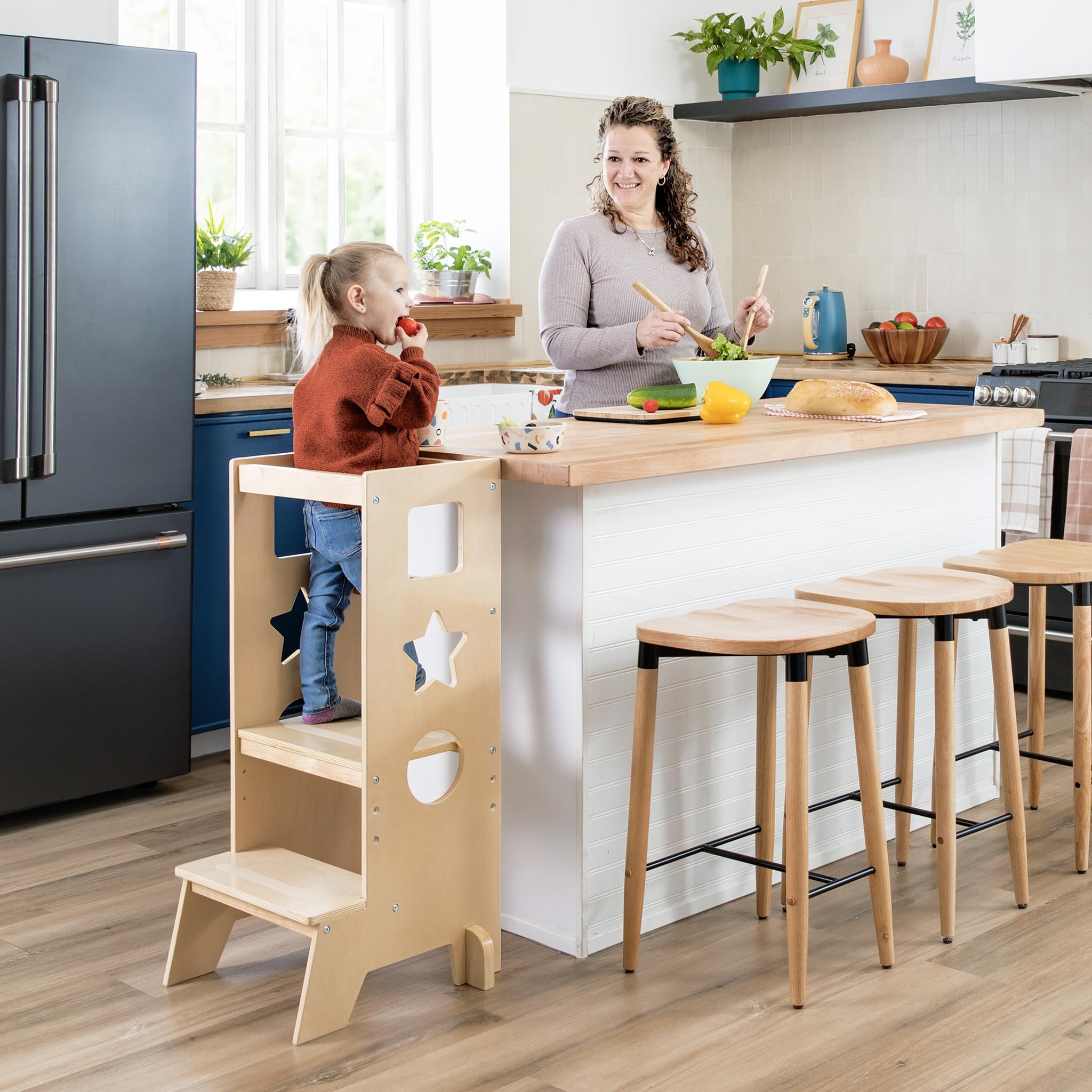 Guidecraft Jr. Classic Kitchen Helper Step-Up - Natural: Montessori Toddler Tower for Kids | Adjustable Height Wooden Learning Step Stool for Bathroom and Cooking