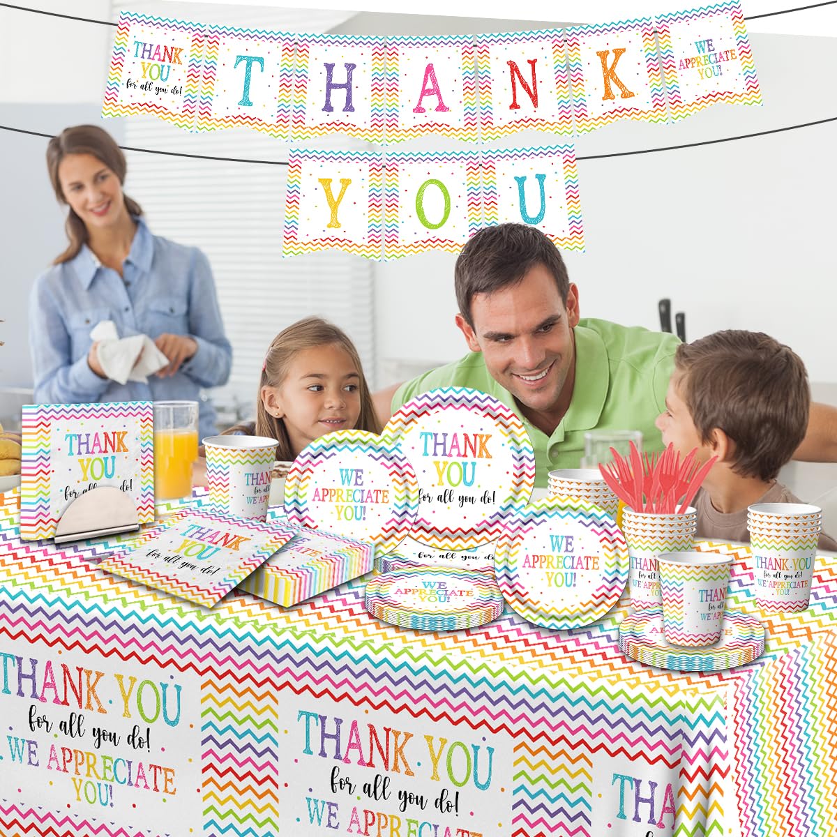 142Pcs Thanksgiving Paper Plates and Napkins Sets Thank You Party Decorations We Appreciate You Plates and Napkins Set with Cups Tablecloth and Banner Appreciation for Employee Teacher Doctor Parents