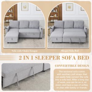 JEEOHEY 78.5" L Shape Couch Sofa,Linen Convertible Modular Sectional 3 Seater Couch w/Reversible Storage Chaise&Cup Holder,Sleeper Pull Out Sofa Bed for Living Room,Apartment,Small Place(Light Grey)