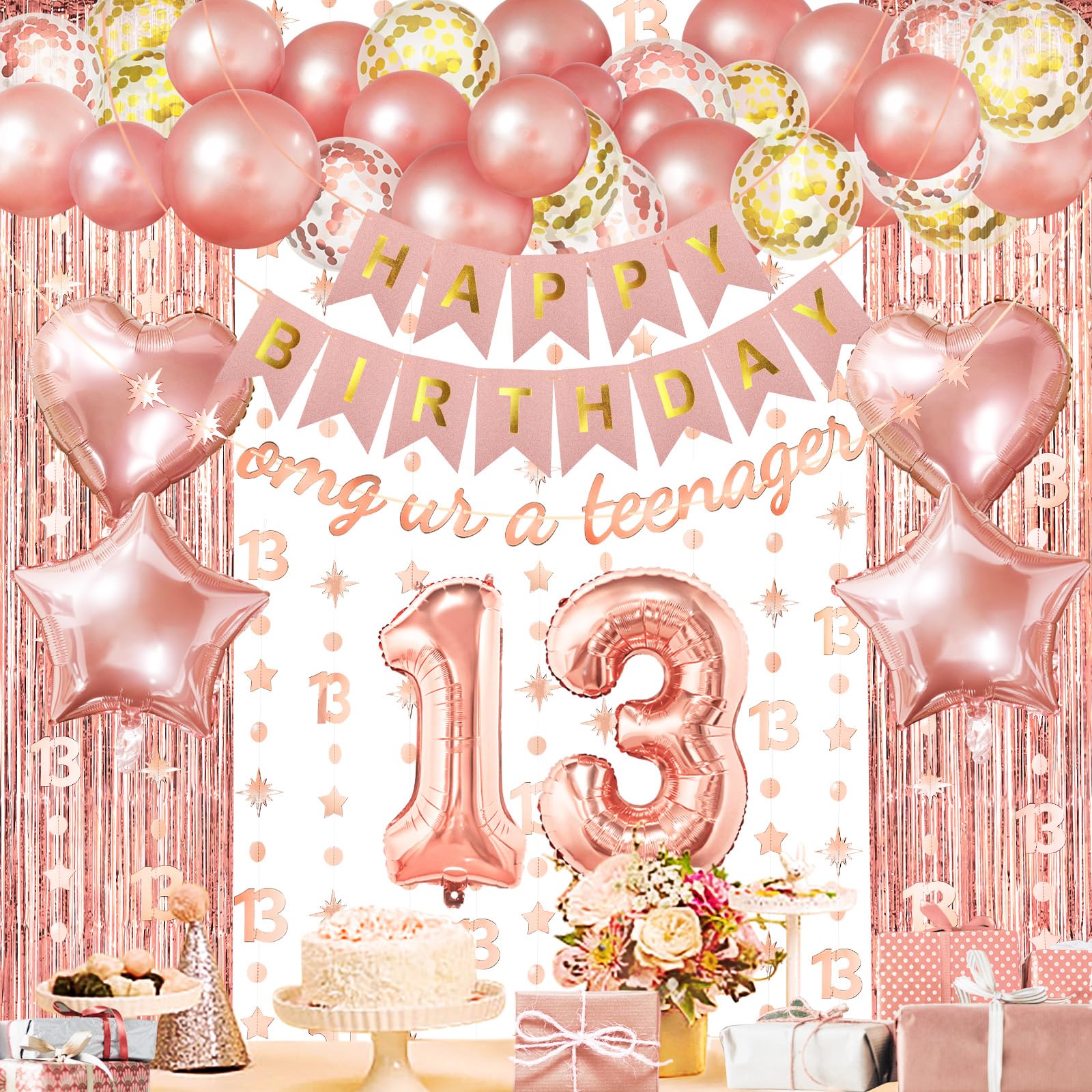 ZERODECO Rose Gold Birthday Party Decorations 13th, Happy Birthday Banner Fringe Curtain 13 Garland Heart Star Foil Confetti Balloons for Women Girls Queen Princess Birthday Party