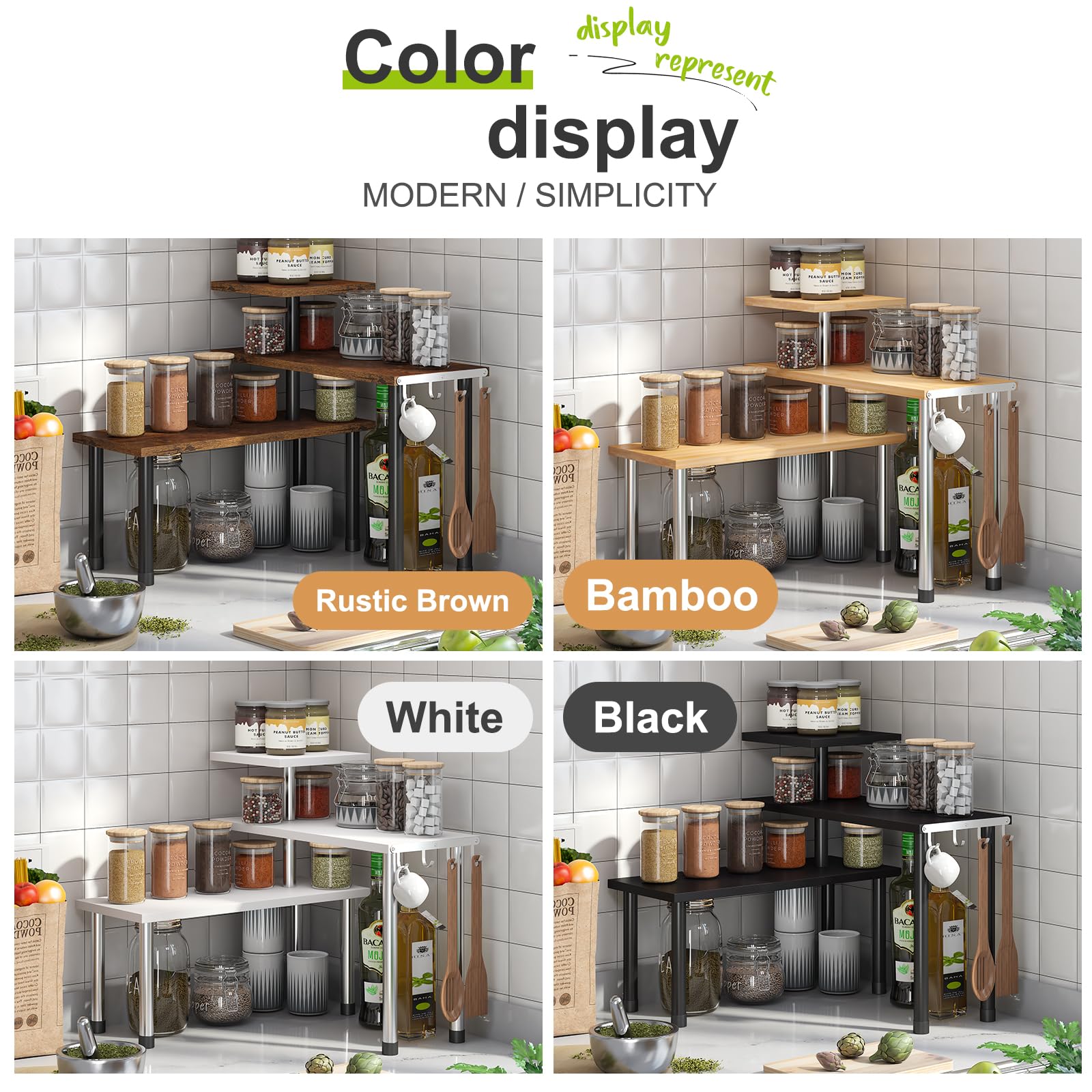 BMOSU Kitchen Corner Shelf Countertop Organizer with Hooks Adjustable Spice Rack Corner Display Rack Shelf Cabinet Counter Shelves(Rustic Brown)