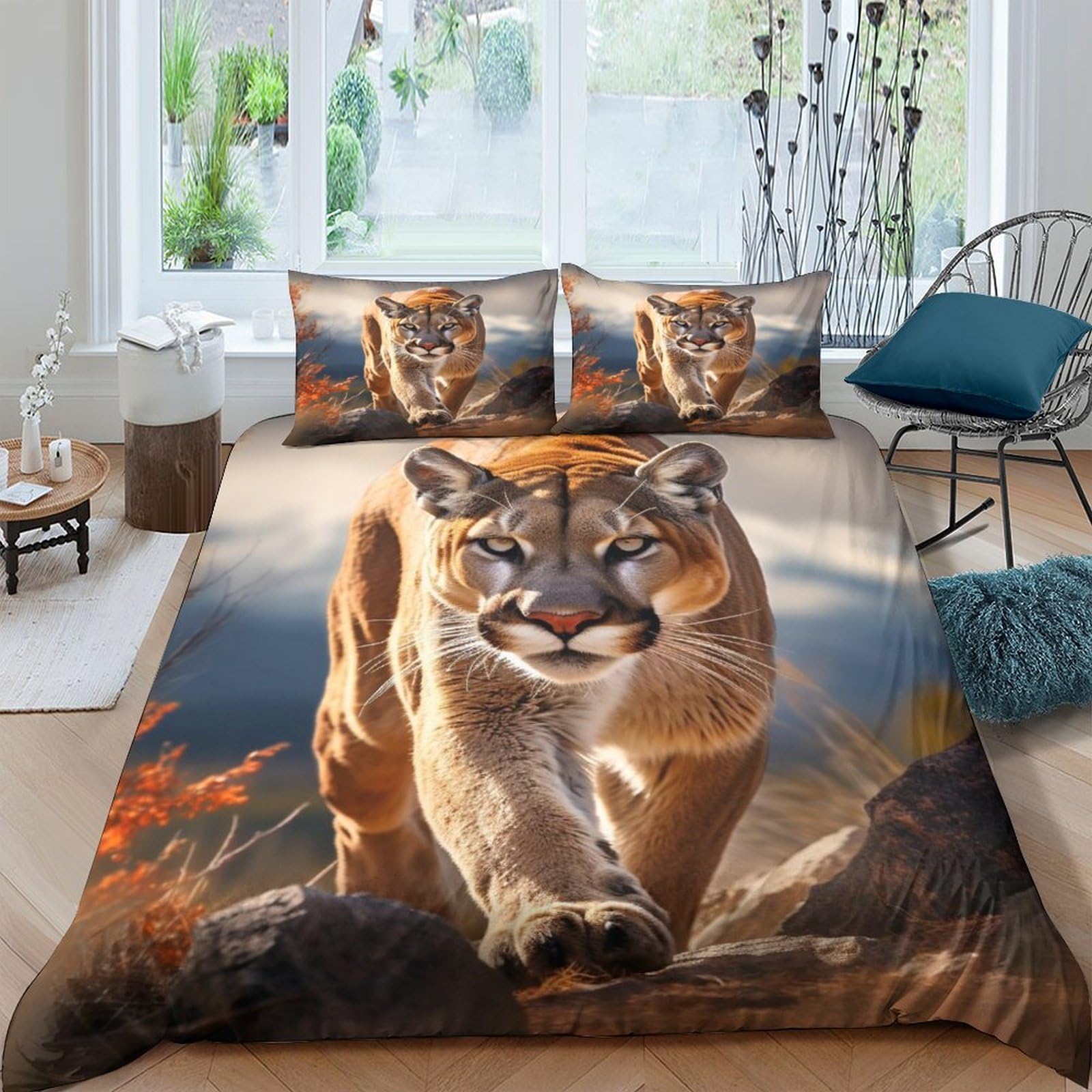 BUKISA Mountain Lion Duvet Cover Set Soft Microfiber Bedding Set Breathable Cougar Quilt Cover with Hidden Zipper Closure and Comforter Cover Sheet Pillowcase Queens（228x228cm）