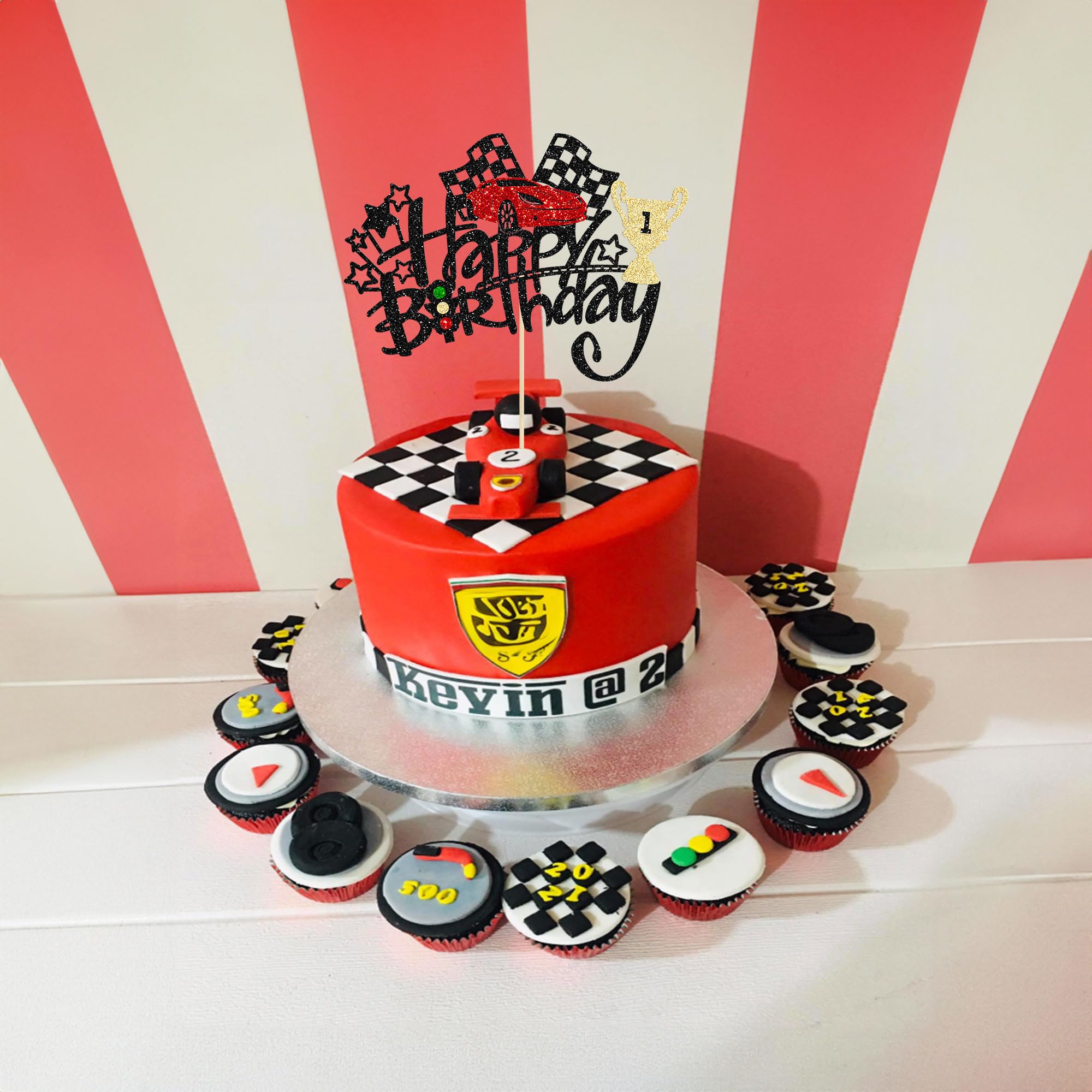 1Pc Race Car Happy Birthday Cake Topper Glitter Traffic Light Trophy Flag Helmet Racing Car Cake Picks for Let's Go Racing Theme Baby Shower Boys Birthday Party Decorations Supplies