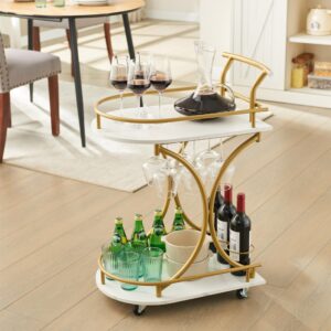 JOIN IRON Gold Bar Cart, 2-Tier Home Bar Serving Cart with Wheels, Wine Rack & Glass Holder, Mobile Beverage Cart for Kitchen, Dining Room, and Living Room (Gold2)