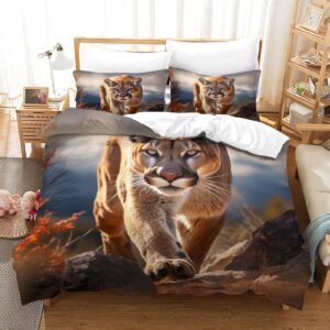 bukisa mountain lion duvet cover set soft microfiber bedding set breathable cougar quilt cover with hidden zipper closure and comforter cover sheet pillowcase queens（228x228cm）