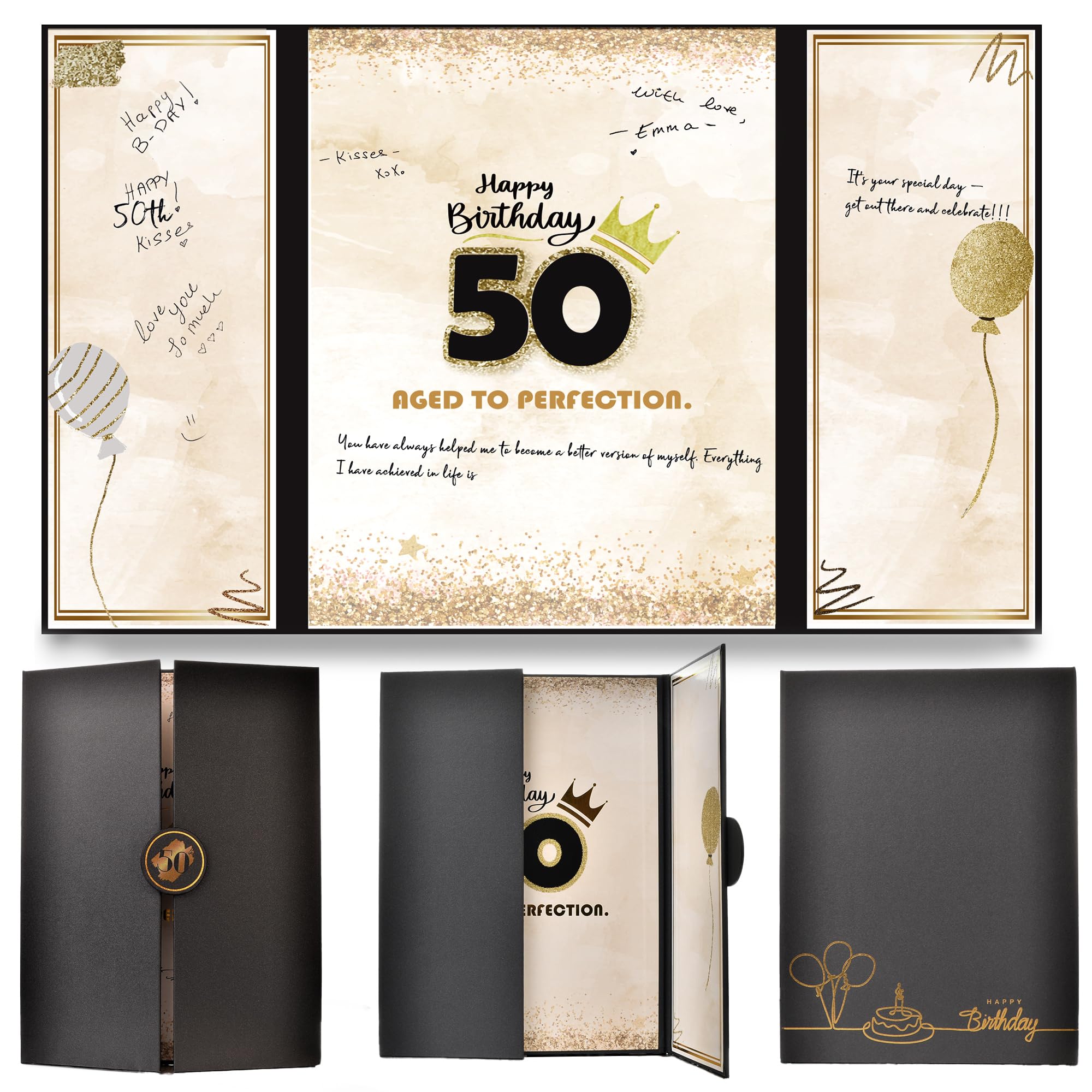 DOUBLESHOOT 50th Birthday Guest Book Alternative Black Gold Party Decorations for Men 12"x18" - 50 Years Sign in Poster Card Gift - Fifty Party Signature Book Keepsake - Table Centerpiece Decor