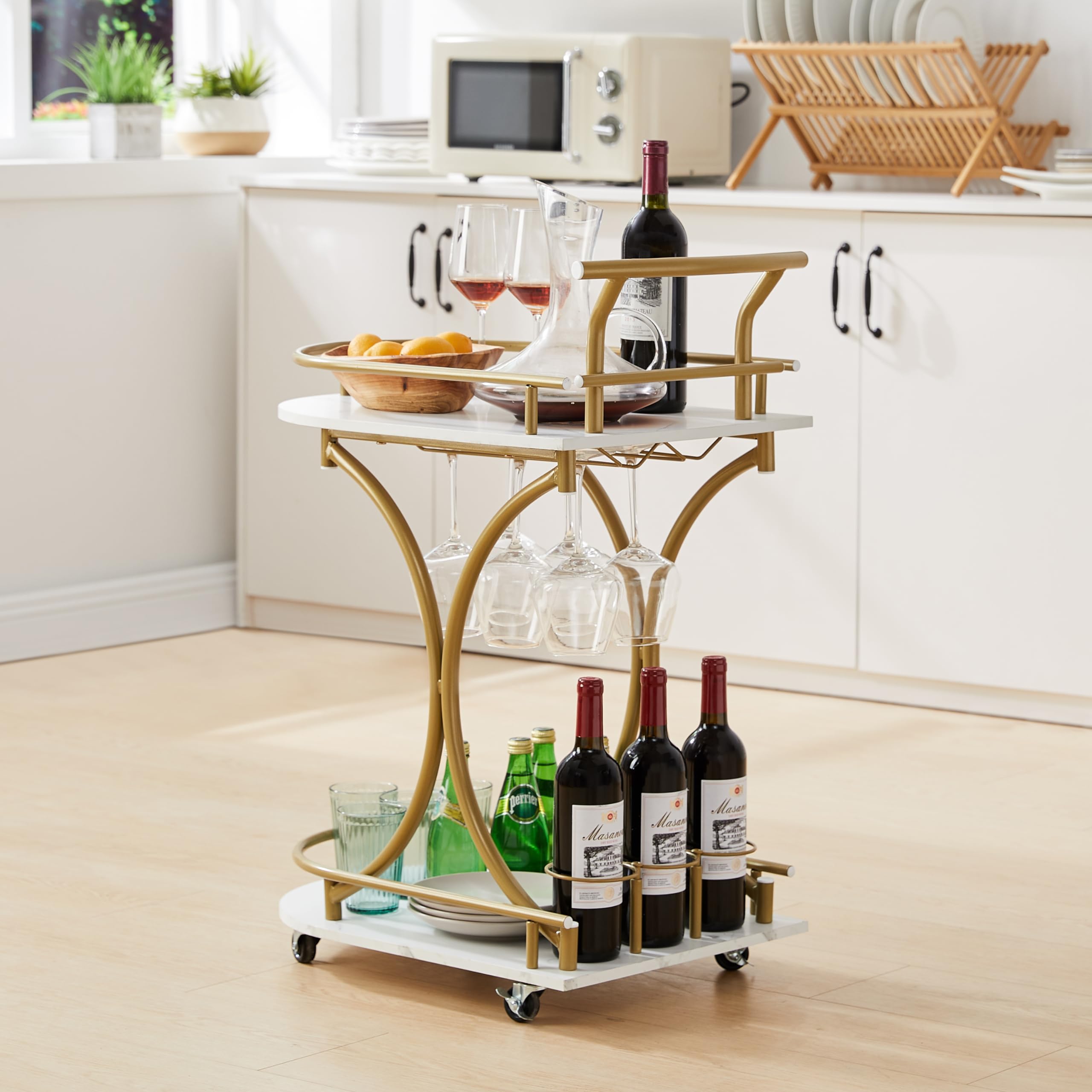 JOIN IRON Gold Bar Cart, 2-Tier Home Bar Serving Cart with Wheels, Wine Rack & Glass Holder, Mobile Beverage Cart for Kitchen, Dining Room, and Living Room (Gold2)