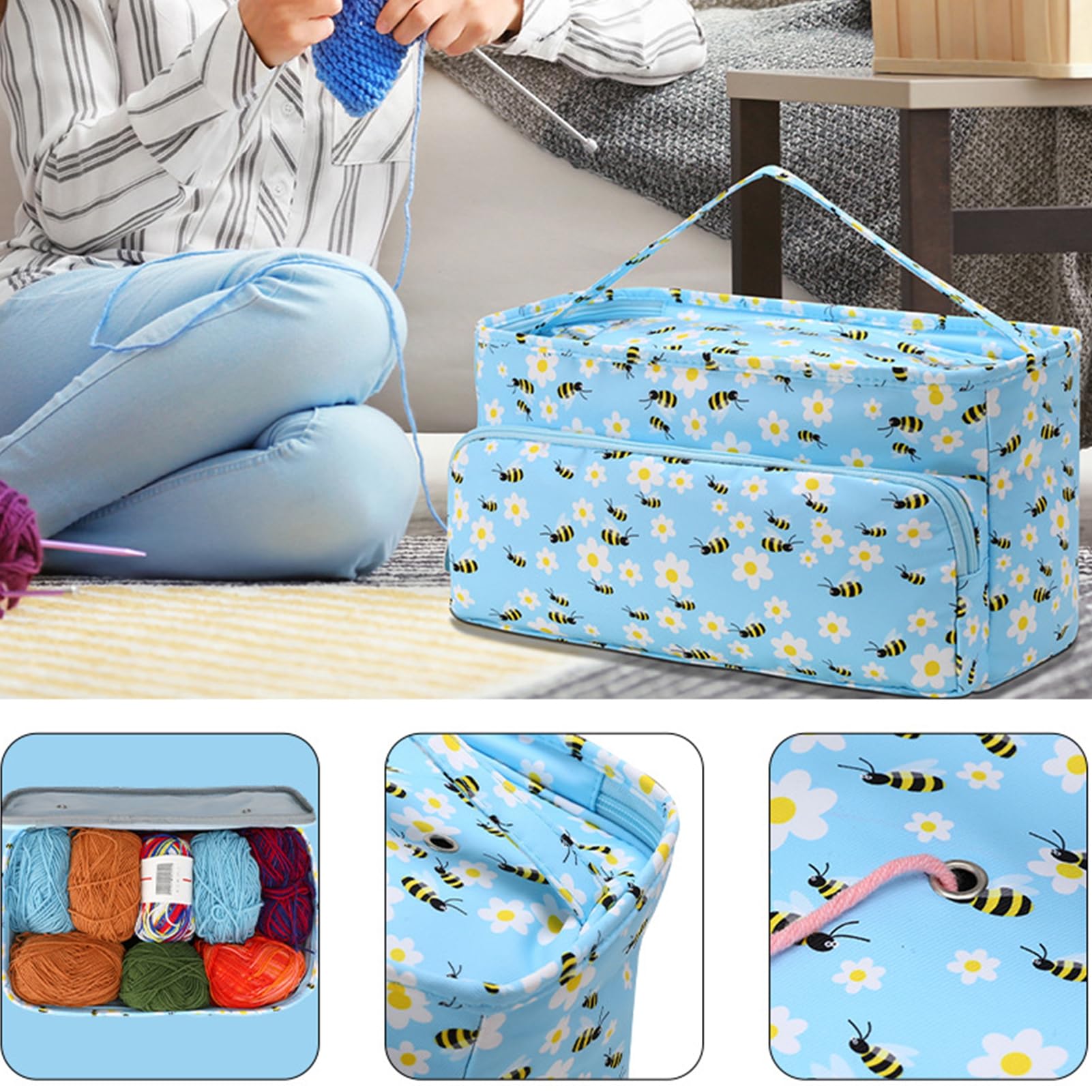 jyibinee Crochet Storage Bag, Flower Print Crochet Bag, Large Capacity Yarn Storage Organizer Crochet Hooks Storage Case for Home Honeybee