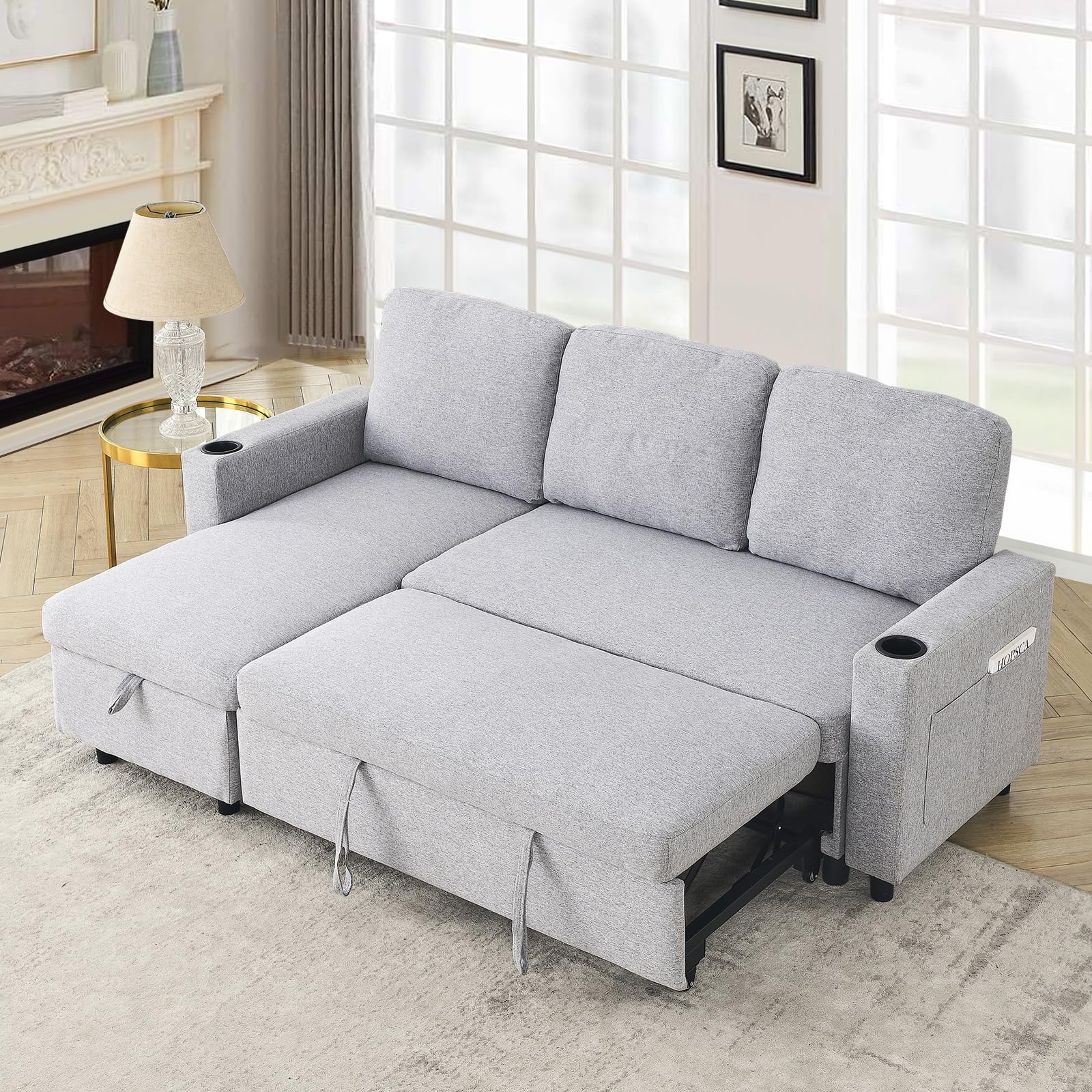 JEEOHEY 78.5" L Shape Couch Sofa,Linen Convertible Modular Sectional 3 Seater Couch w/Reversible Storage Chaise&Cup Holder,Sleeper Pull Out Sofa Bed for Living Room,Apartment,Small Place(Light Grey)