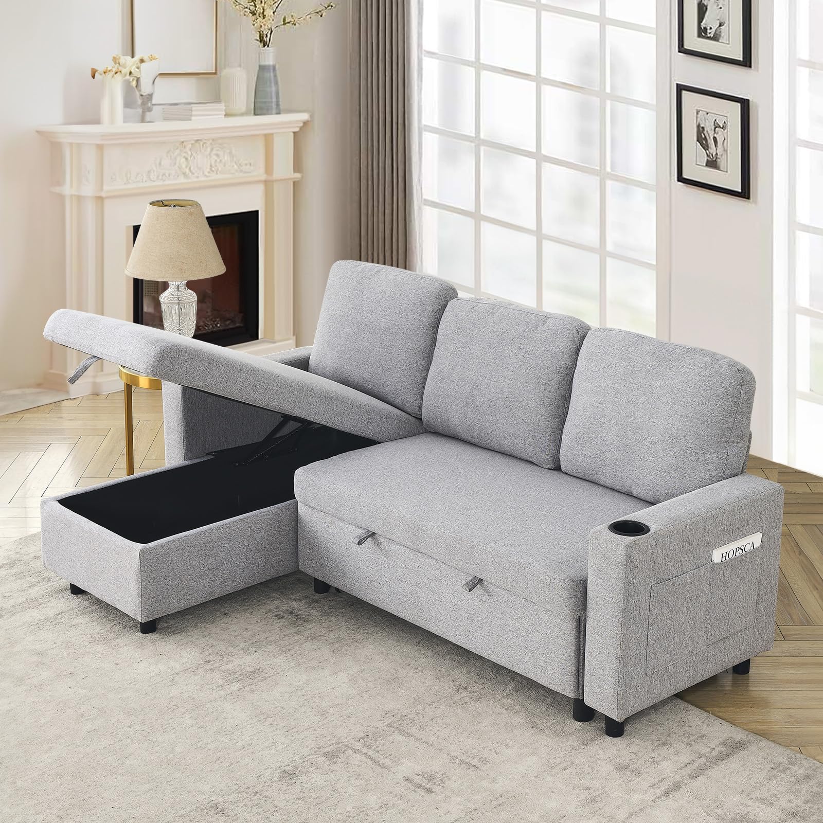 JEEOHEY 78.5" L Shape Couch Sofa,Linen Convertible Modular Sectional 3 Seater Couch w/Reversible Storage Chaise&Cup Holder,Sleeper Pull Out Sofa Bed for Living Room,Apartment,Small Place(Light Grey)