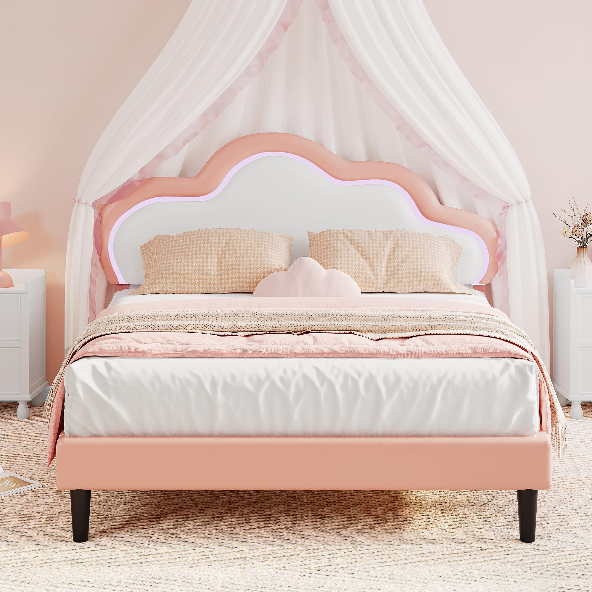 YITAHOME Full Size Bed Frame, LED Bed Frame with PU Faux Leather Adjustable Cloud Headboard, Platform Upholstered Bed Frame with Wooden Slats Support, No Box Spring Needed, Easy Assembly, Pink