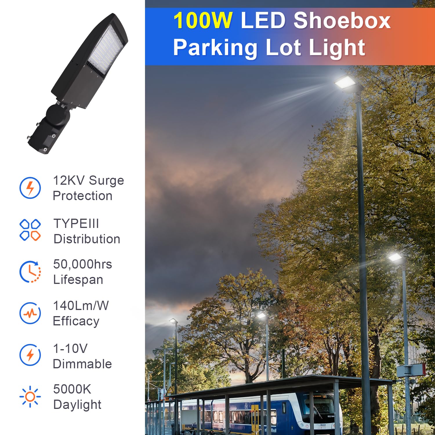 OSTEK 100W LED Parking Lot Light,14000lm (140lm/w) 5000K LED Shoebox Light -Slip Fitter Mount Outdoor Area Street Lighting [200-350W HID/HPS Equiv.] Commercial Outdoor Lighting 100-277V,UL&DLC Listed