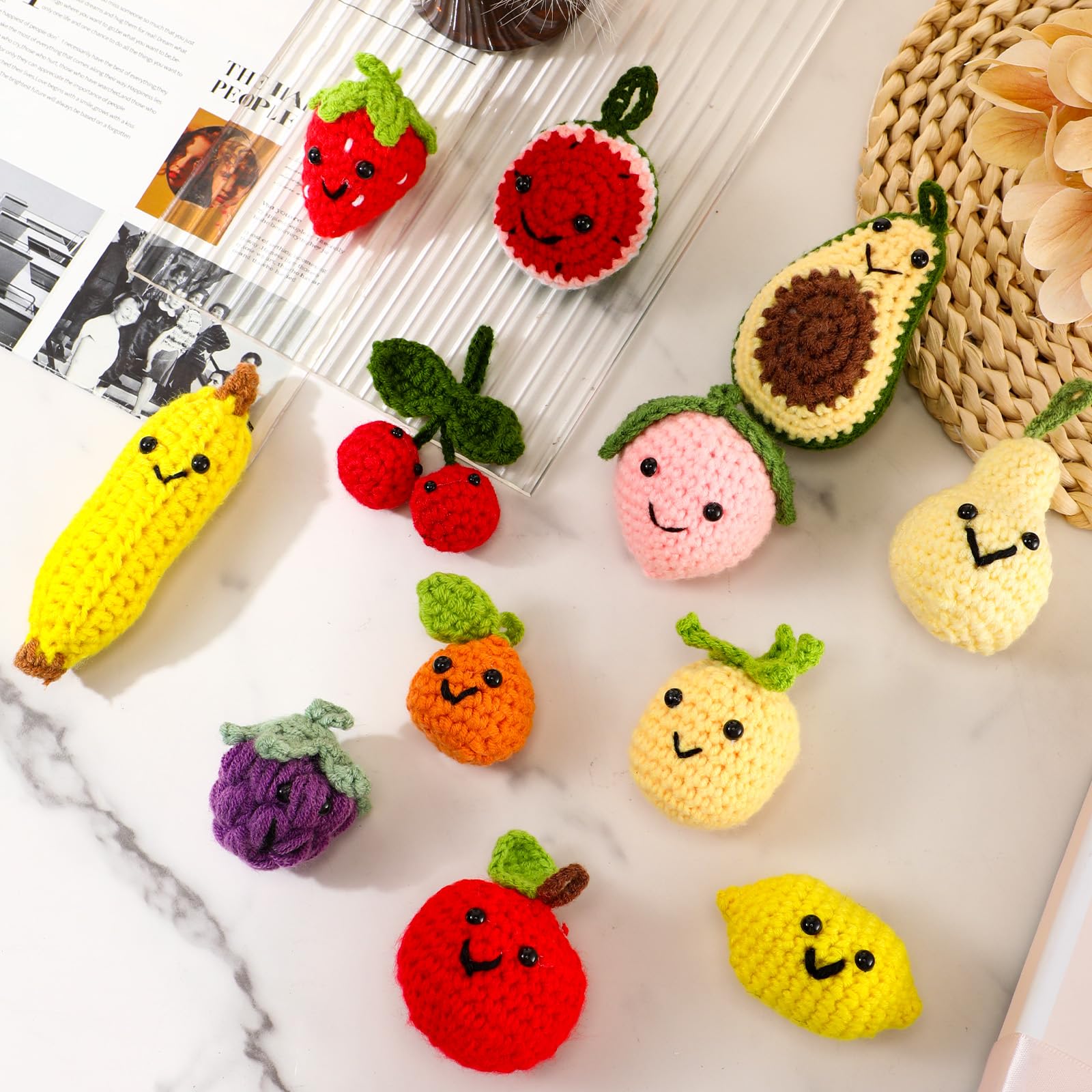 Mindsoft 12 Pcs Inspirational Team Gift Positive Fruit Gift Crochet Keychain Charm Cute Knitted Fruit Smile Face Charm Motivational Appreciation Gift for Christmas Employee Team Gifts