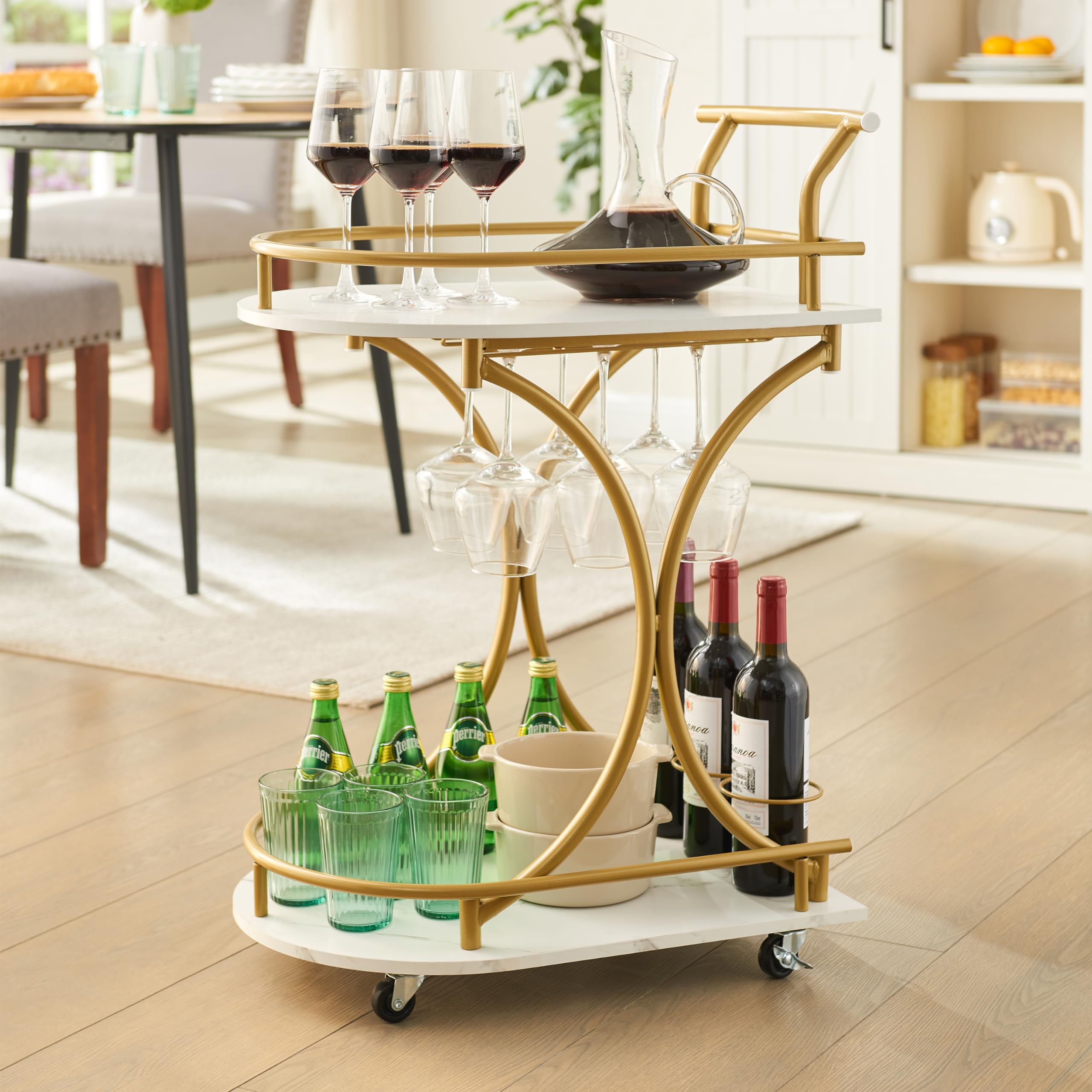 JOIN IRON Gold Bar Cart, 2-Tier Home Bar Serving Cart with Wheels, Wine Rack & Glass Holder, Mobile Beverage Cart for Kitchen, Dining Room, and Living Room (Gold2)