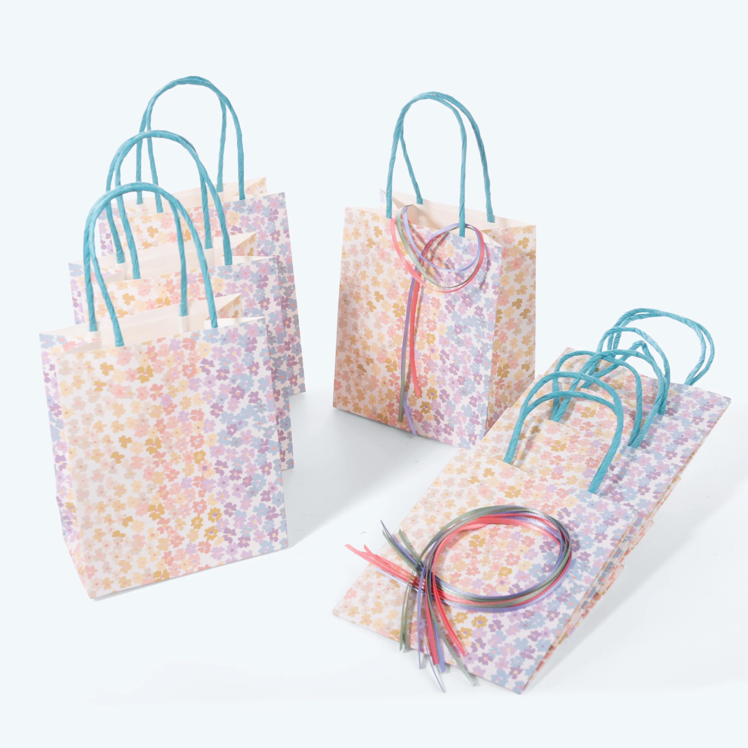 Cheerland Floral Gift Bags with Ribbons Colorful Daisy Paper Goodie Bag Tea Party Pastel Candy Bags Baby Shower Flower Kids Birthday Girls Fairy Garden Party Supplies & Favors - Pack of 8