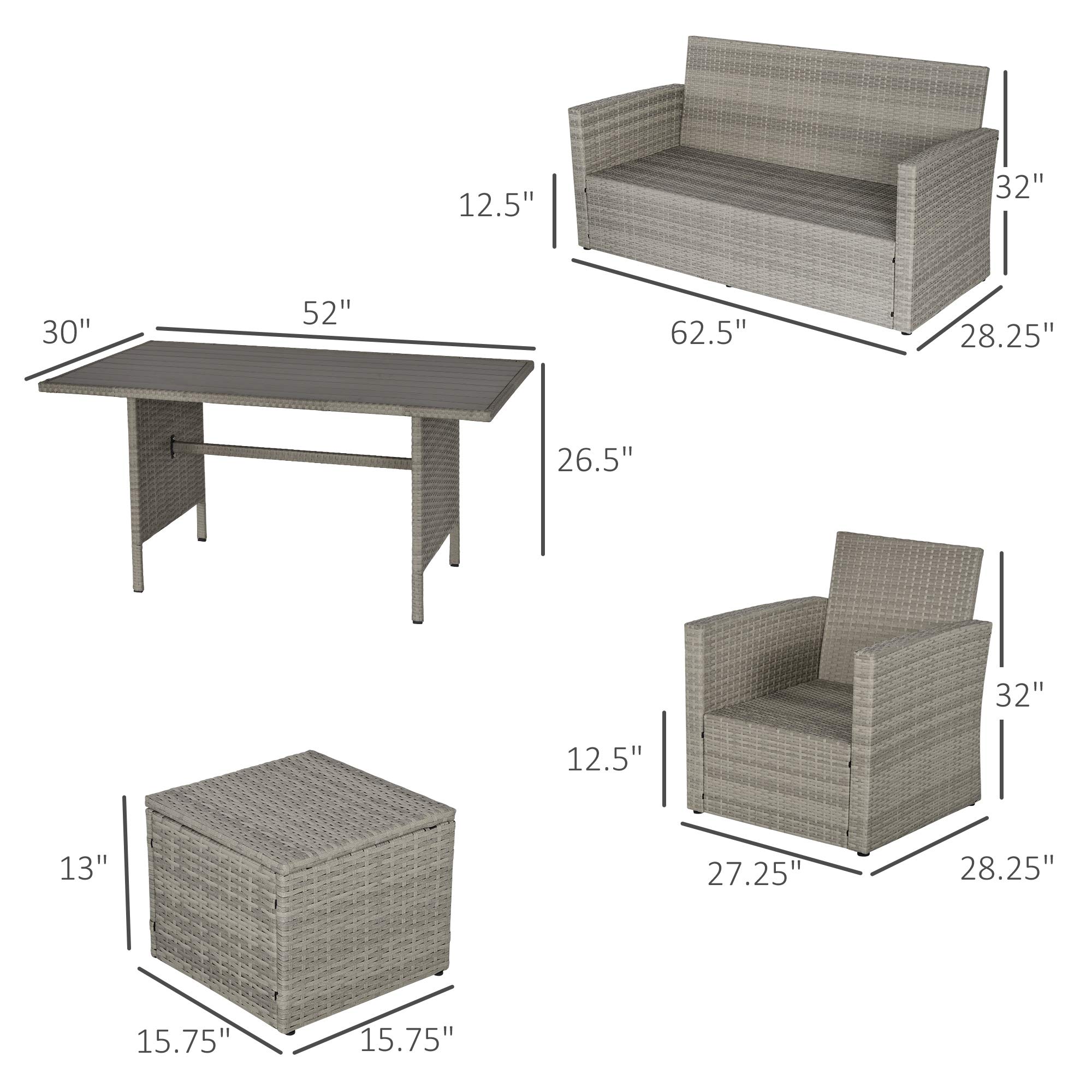 Outsunny 6 Piece Patio Dining Set, PE Rattan Furniture Set with 2 Chairs Cushions & Outdoor Three Seat Sofa, Woodgrain Slatted Dinner Table, Mixed Gray