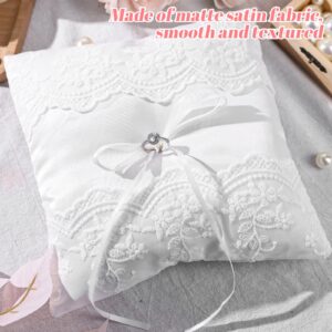 HONEYGIFTS Wedding Party Ring Pillow, 8x8in White Bearer Cushion Lace Pearl Wedding Ring Pillow with Embroider for Beach Wedding