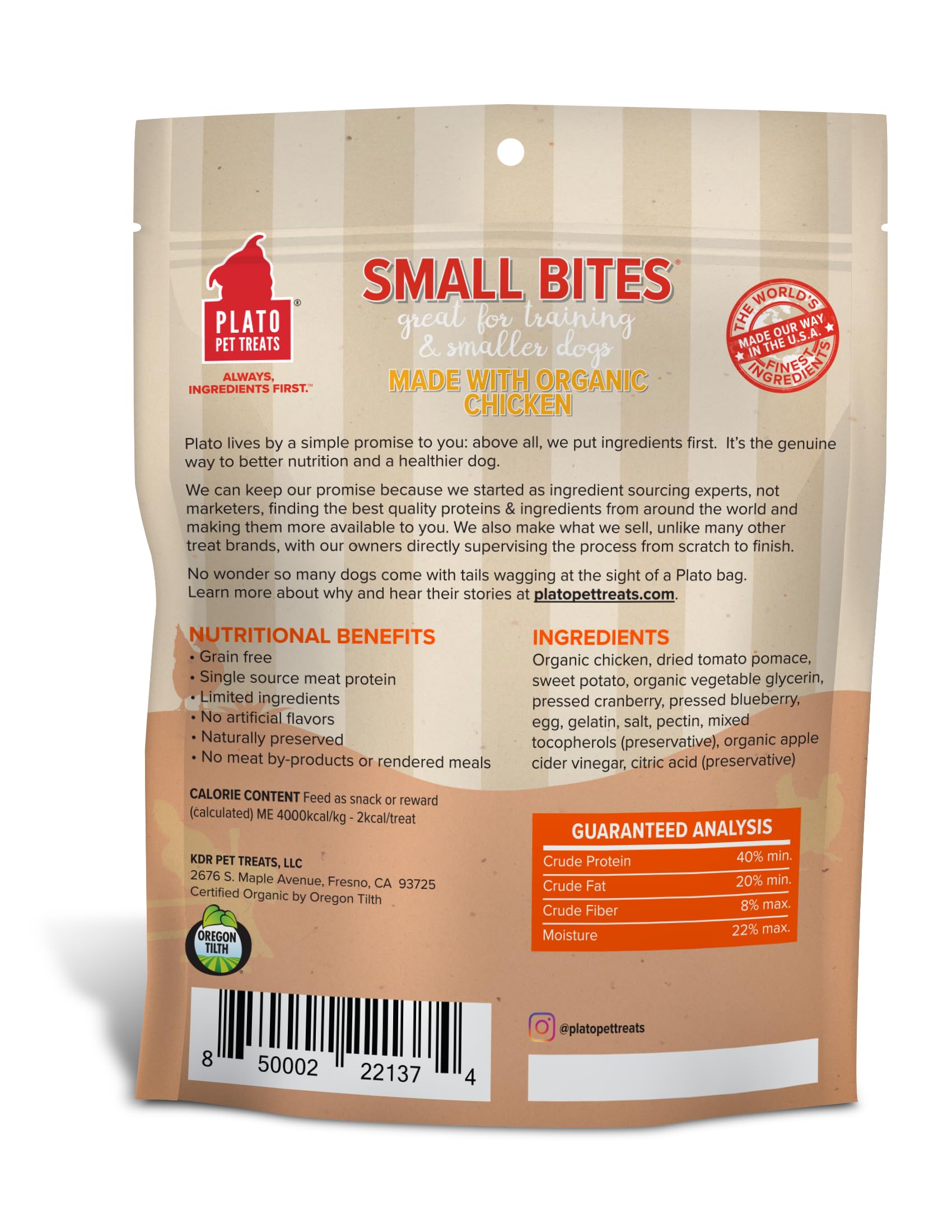 PLATO Small Bites Training Dog Treat Variety Pack, (1) 6oz Bag of Each: Salmon, Organic Chicken, Duck, Lamb, 1.5lb Total