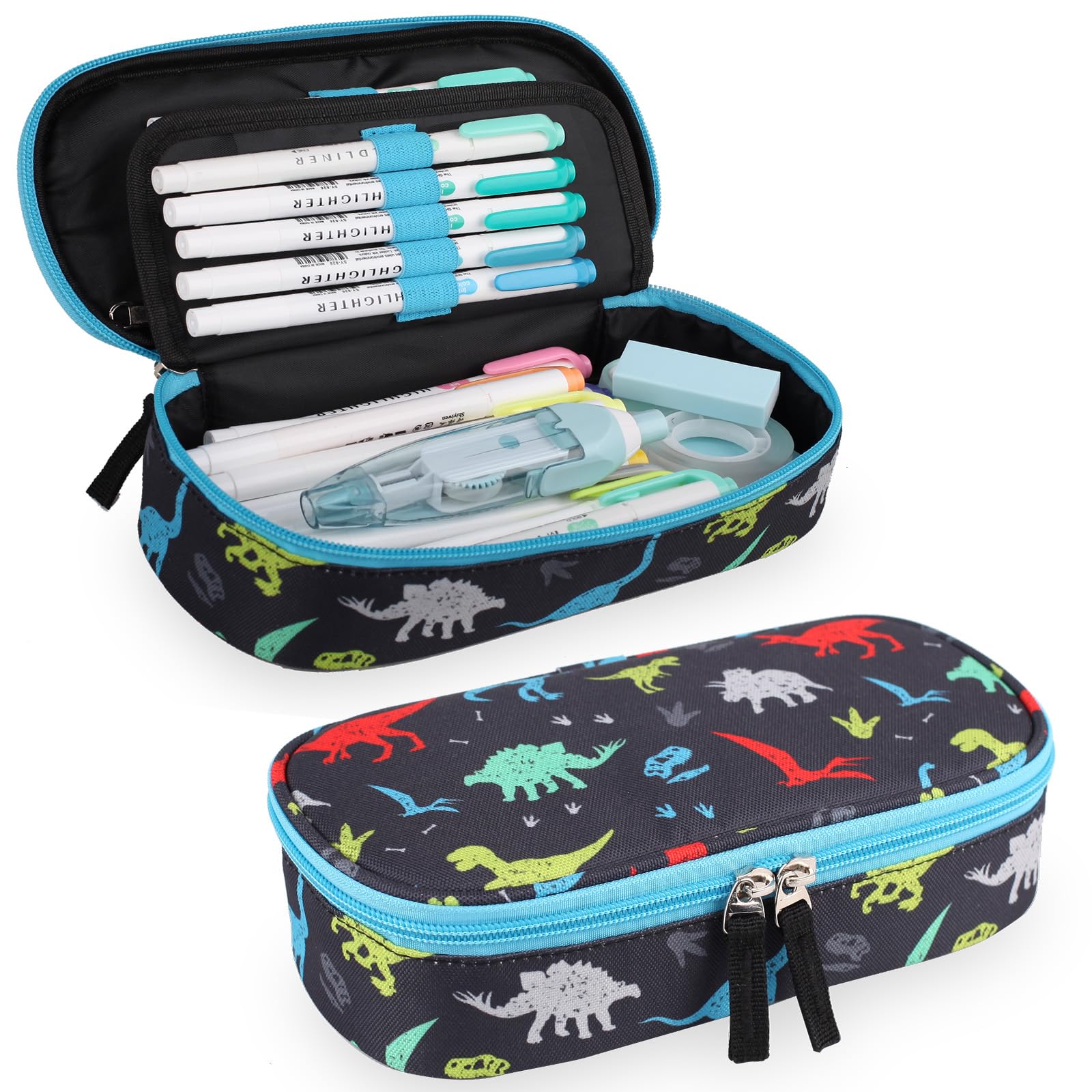 Pencil Case for Boys,Large Capacity Multi-slot Kids Mark Pouch, Adult Big Pencil Bag with Zipper, Teens Large Storage Pencil Box for School College Middle School Office(Black,Dinosaur)