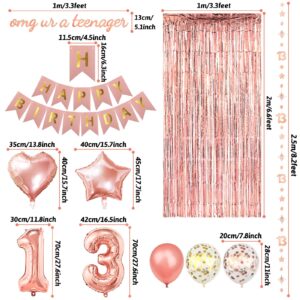 ZERODECO Rose Gold Birthday Party Decorations 13th, Happy Birthday Banner Fringe Curtain 13 Garland Heart Star Foil Confetti Balloons for Women Girls Queen Princess Birthday Party