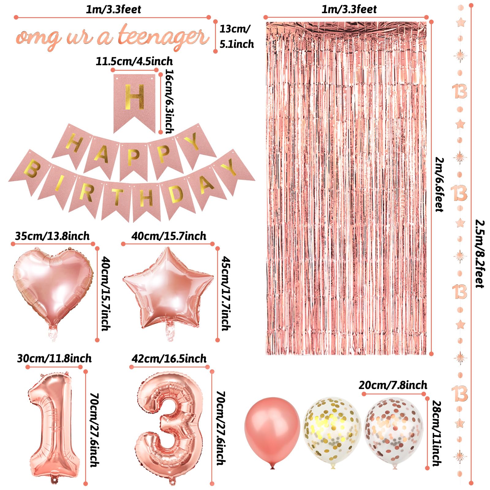 ZERODECO Rose Gold Birthday Party Decorations 13th, Happy Birthday Banner Fringe Curtain 13 Garland Heart Star Foil Confetti Balloons for Women Girls Queen Princess Birthday Party