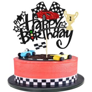 1pc race car happy birthday cake topper glitter traffic light trophy flag helmet racing car cake picks for let's go racing theme baby shower boys birthday party decorations supplies