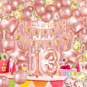 ZERODECO Rose Gold Birthday Party Decorations 13th, Happy Birthday Banner Fringe Curtain 13 Garland Heart Star Foil Confetti Balloons for Women Girls Queen Princess Birthday Party