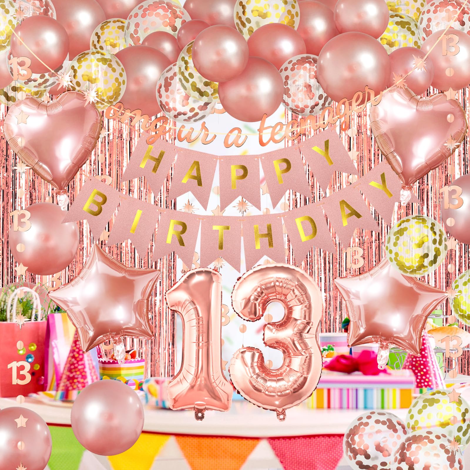 ZERODECO Rose Gold Birthday Party Decorations 13th, Happy Birthday Banner Fringe Curtain 13 Garland Heart Star Foil Confetti Balloons for Women Girls Queen Princess Birthday Party