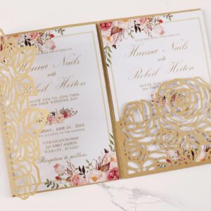 Maffily 50pcs Gold Laser Cut Wedding Invitations Card Pocket with Envelope and RSVP Cards 5x7 '' Tri-Fold Wedding Invitation Kit for Wedding Engagement Bridal Shower Birthday Quinceanera Party Invite