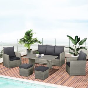 Outsunny 6 Piece Patio Dining Set, PE Rattan Furniture Set with 2 Chairs Cushions & Outdoor Three Seat Sofa, Woodgrain Slatted Dinner Table, Mixed Gray