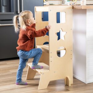 Guidecraft Jr. Classic Kitchen Helper Step-Up - Natural: Montessori Toddler Tower for Kids | Adjustable Height Wooden Learning Step Stool for Bathroom and Cooking