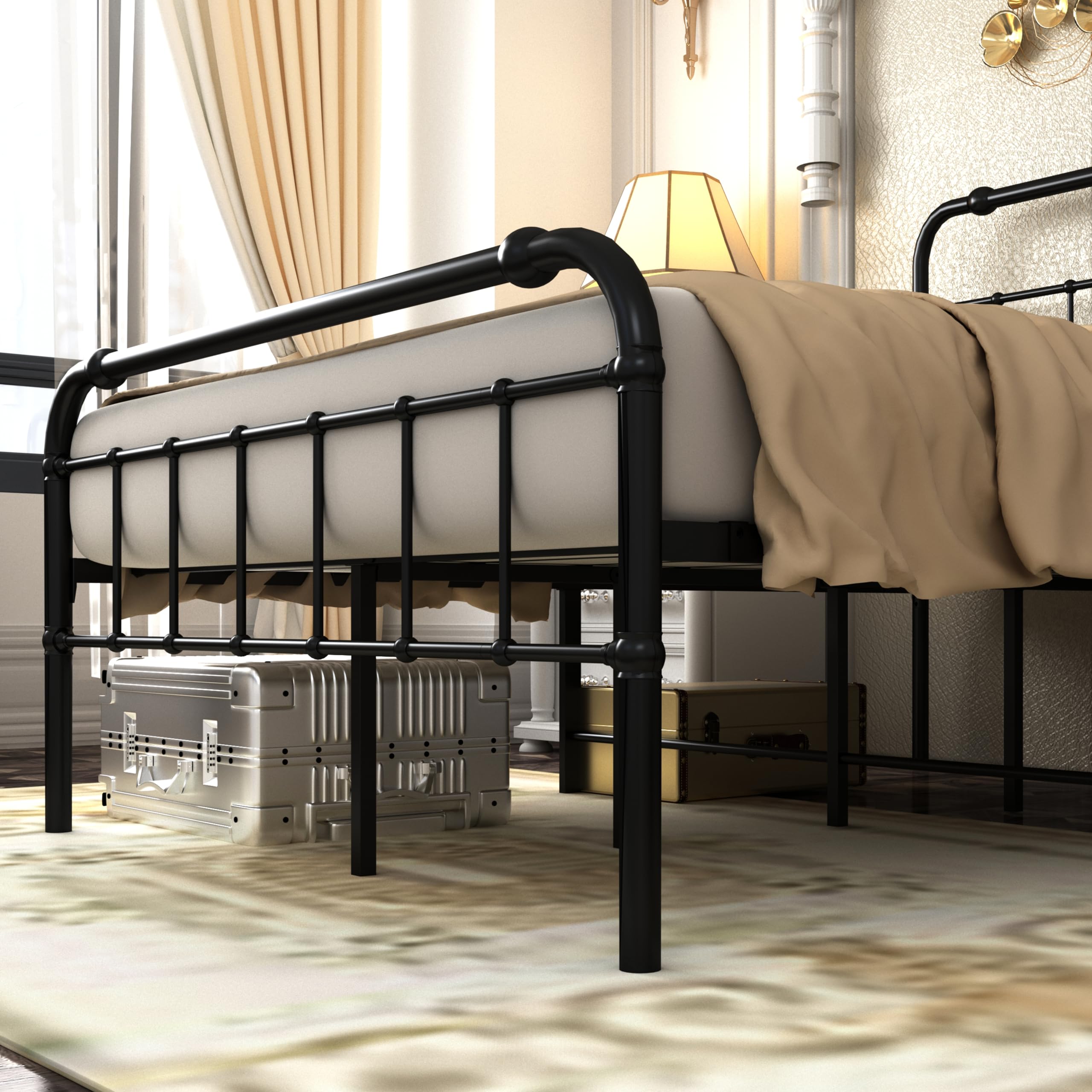 Juyoupro 18 inch Queen Size Metal Platform Bed Frame with High Victorian Style Wrought Headboard/Footboard, No Box Spring Needed,Noise-Free,Black