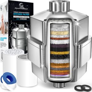 aquahomegroup 20 stage shower filter for hard water - high output universal shower head filter for chlorine, fluoride, heavy metals - vitamin c e shower water filter for hair and skin (chrome)