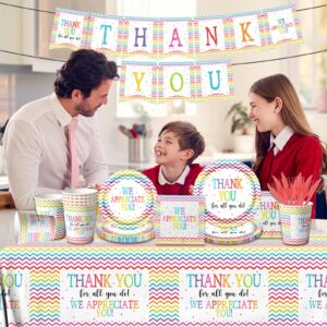 142Pcs Thanksgiving Paper Plates and Napkins Sets Thank You Party Decorations We Appreciate You Plates and Napkins Set with Cups Tablecloth and Banner Appreciation for Employee Teacher Doctor Parents