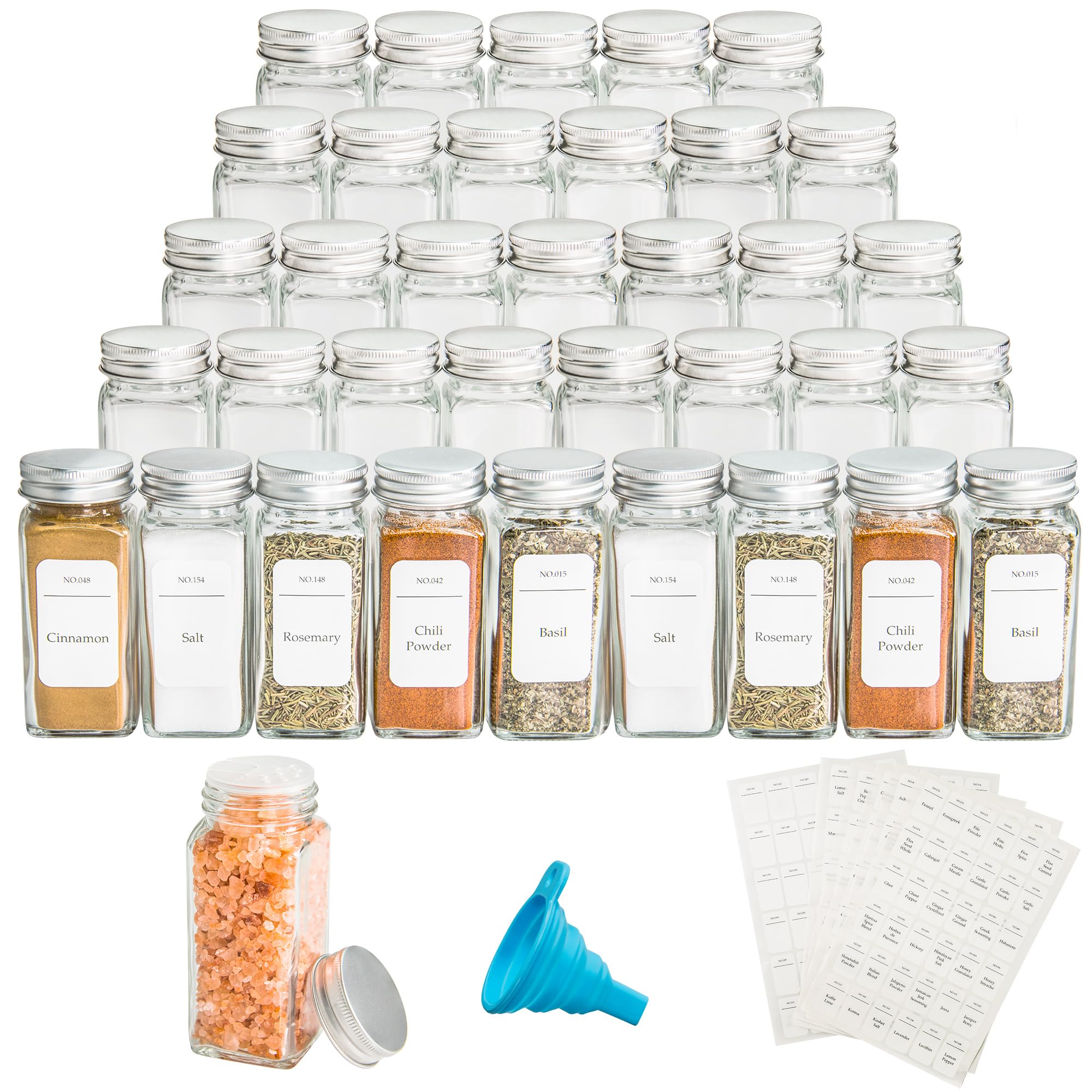 UMEIED 36pcs Glass Spice Jars with 216pcs Spice Labels, 4Oz Empty Square Glass Jars Glass Spice Containers with Shaker Lids & Metal Caps, Square Seasoning Jars Bottles for Spice Rack, Cabinet, Drawer