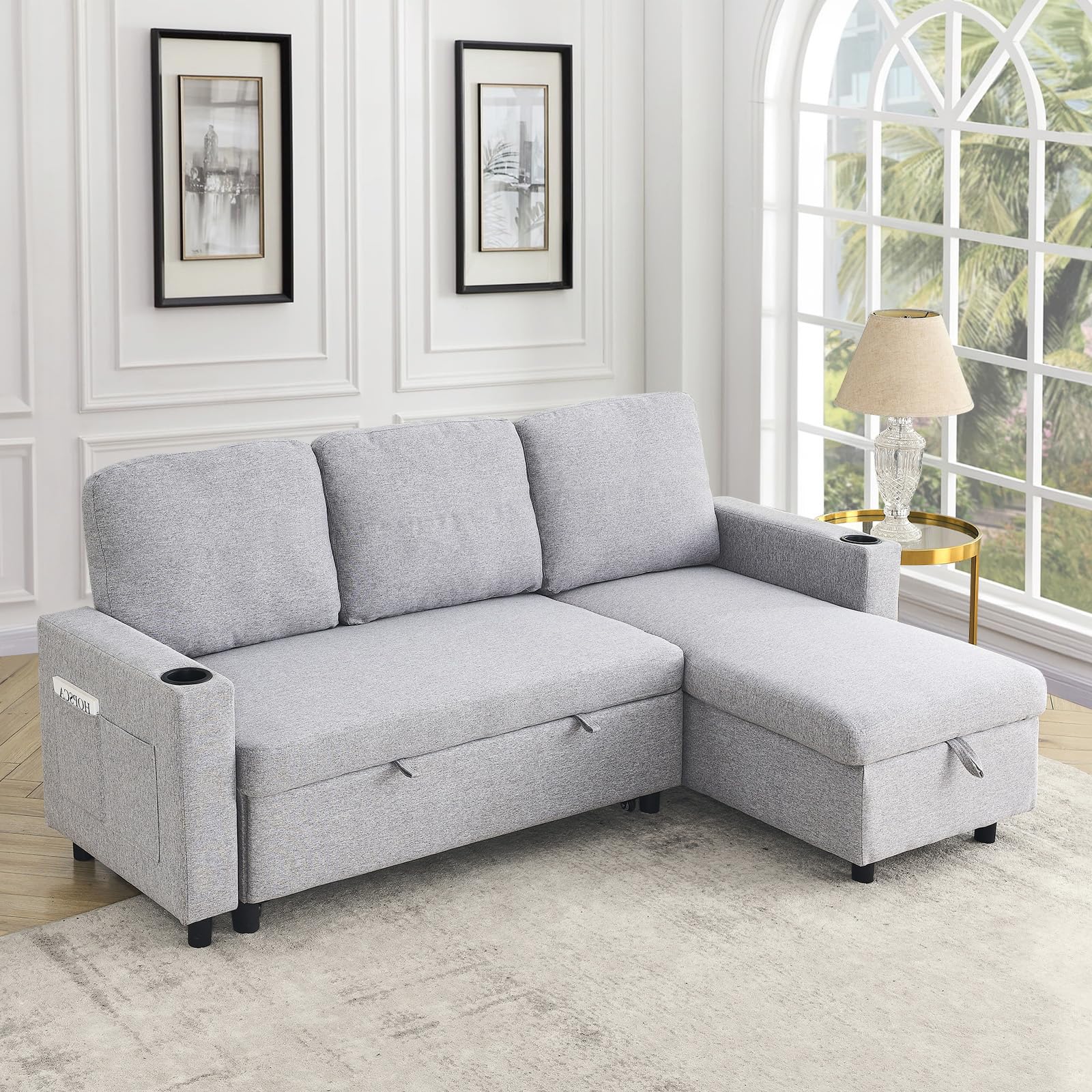 JEEOHEY 78.5" L Shape Couch Sofa,Linen Convertible Modular Sectional 3 Seater Couch w/Reversible Storage Chaise&Cup Holder,Sleeper Pull Out Sofa Bed for Living Room,Apartment,Small Place(Light Grey)