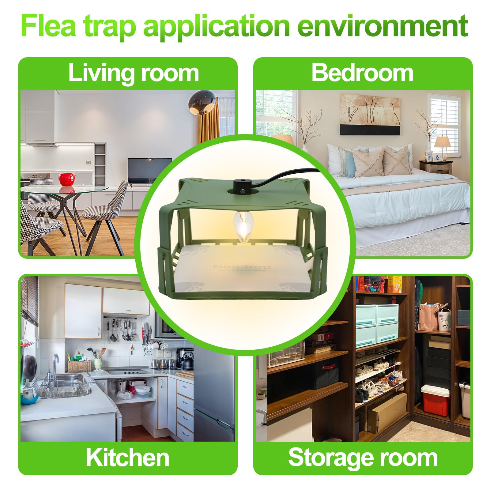 Flea Traps for Inside Your Home, Flea Killer Trap Indoor Natural Safe Pest Control Trapper House Sticky Insect Killer with Light & Switch Bed Bug Trap, Safe for Kid & Pet, 2 Packs Green