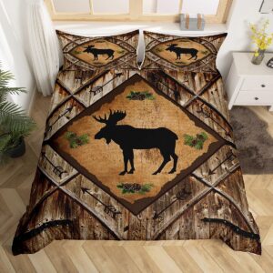 moose duvet cover queen size 3 pcs barn door wooden stripes rustic farmhouse bedding set for kids teens adults cartoon tribal arrow wild animal plants comforter cover with 2 pillowcases