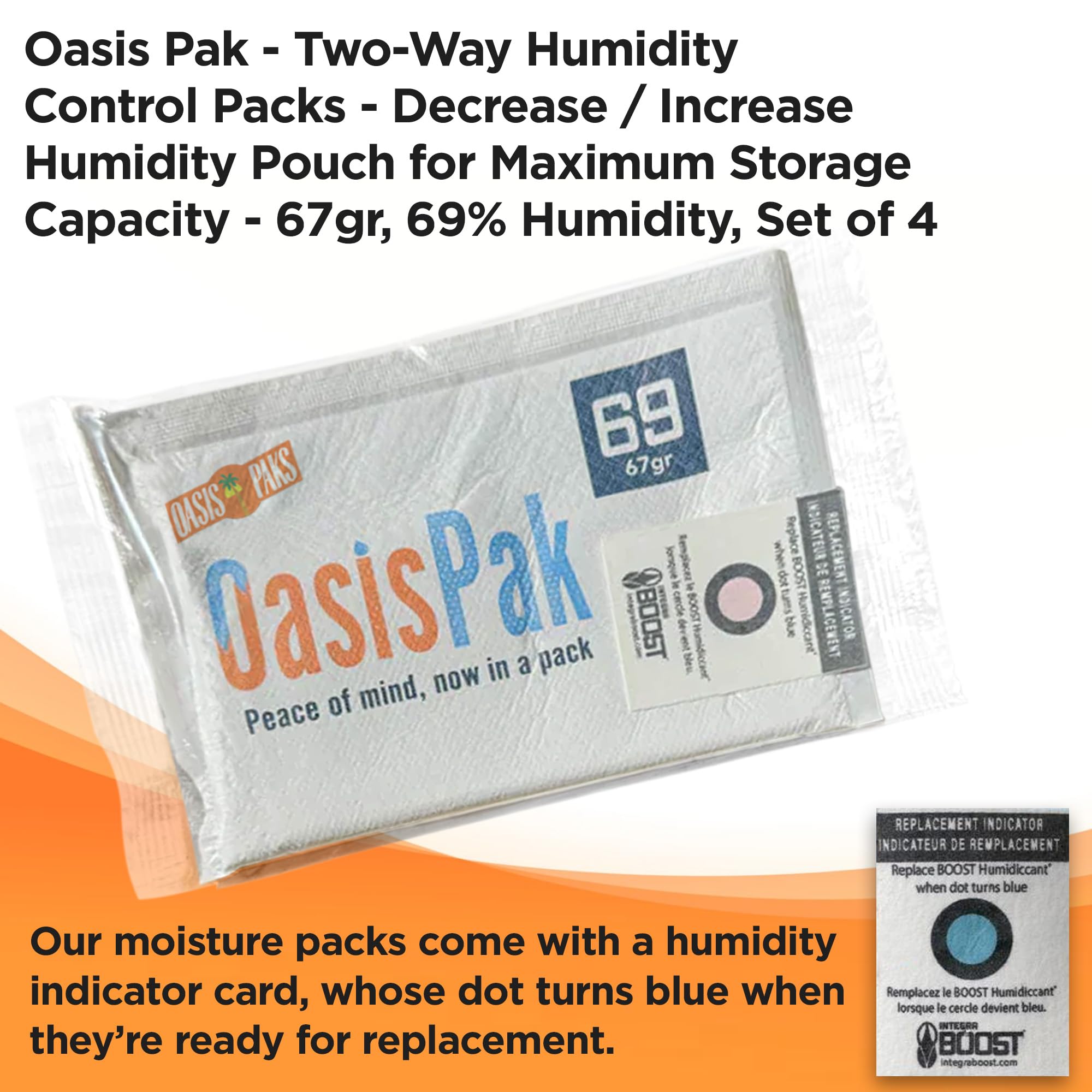 Oasis Pak Two-Way Humidity Packs - Ultimate Moisture Packs for Storage - Prevent Overdrying - Ideal Humidifier Packs & Hydration Packets - 67 Grams, 69% Humidity Level (Pack of 4)