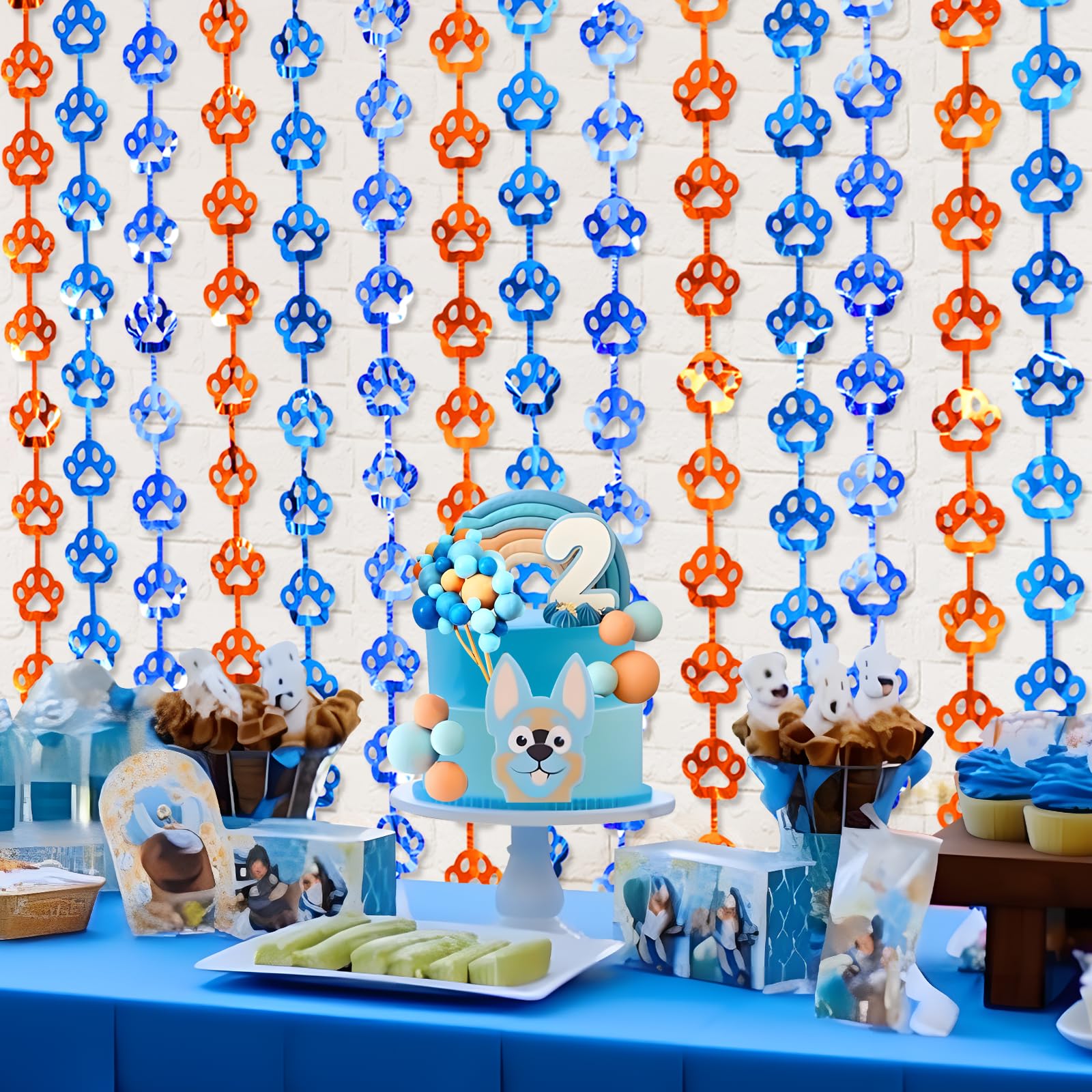 LOLStar Blue Dog Birthday Party Supplies, 2 Packs of 3.3X6.6 ft Orange Blue and Light Blue Dog Paw Foil Fringe Curtains,Blue and Orange Backdrop,Photo Booth Prop for Blue Dog Themed Party Decorations