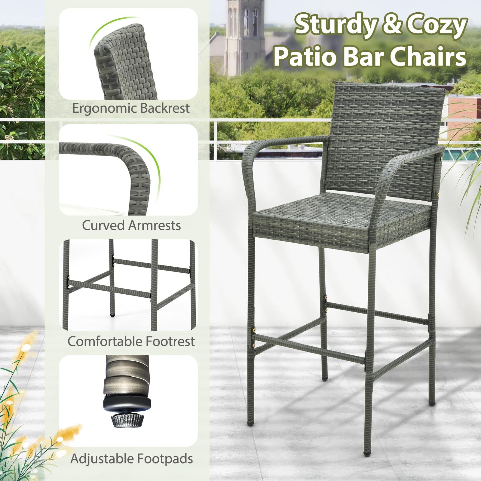 Tangkula Patio Wicker Barstools Set of 4, Outdoor PE Rattan Bar Chairs with Armrests & Soft Cushions, Stable Metal Frame, 400 lbs Max Load, Mix Brown PE Wicker Bar Chairs for Porch (2, Mix Gray)