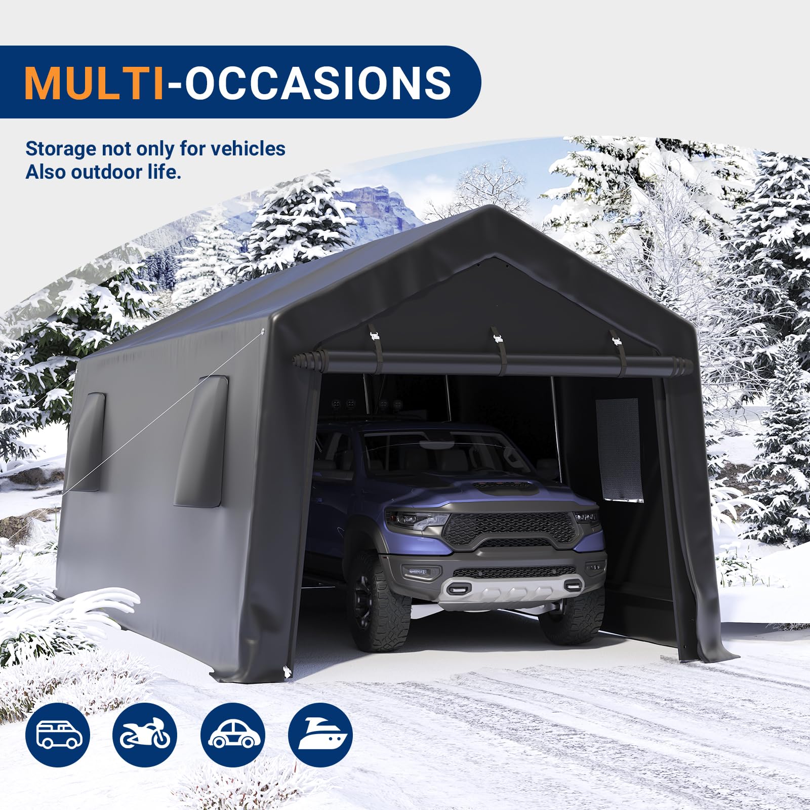 UDPATIO 10x20 FT Carport Heavy Duty, Peak Roof Portable Garage Waterproof Anti-Snow UV-Resistant Car Port with Roll-up Doors Galvanized Steel Tube Frame Storage for Vehicle Truck Boat, Black