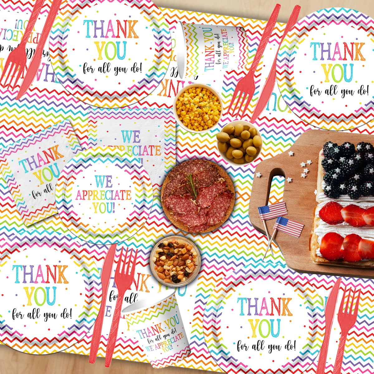 142Pcs Thanksgiving Paper Plates and Napkins Sets Thank You Party Decorations We Appreciate You Plates and Napkins Set with Cups Tablecloth and Banner Appreciation for Employee Teacher Doctor Parents