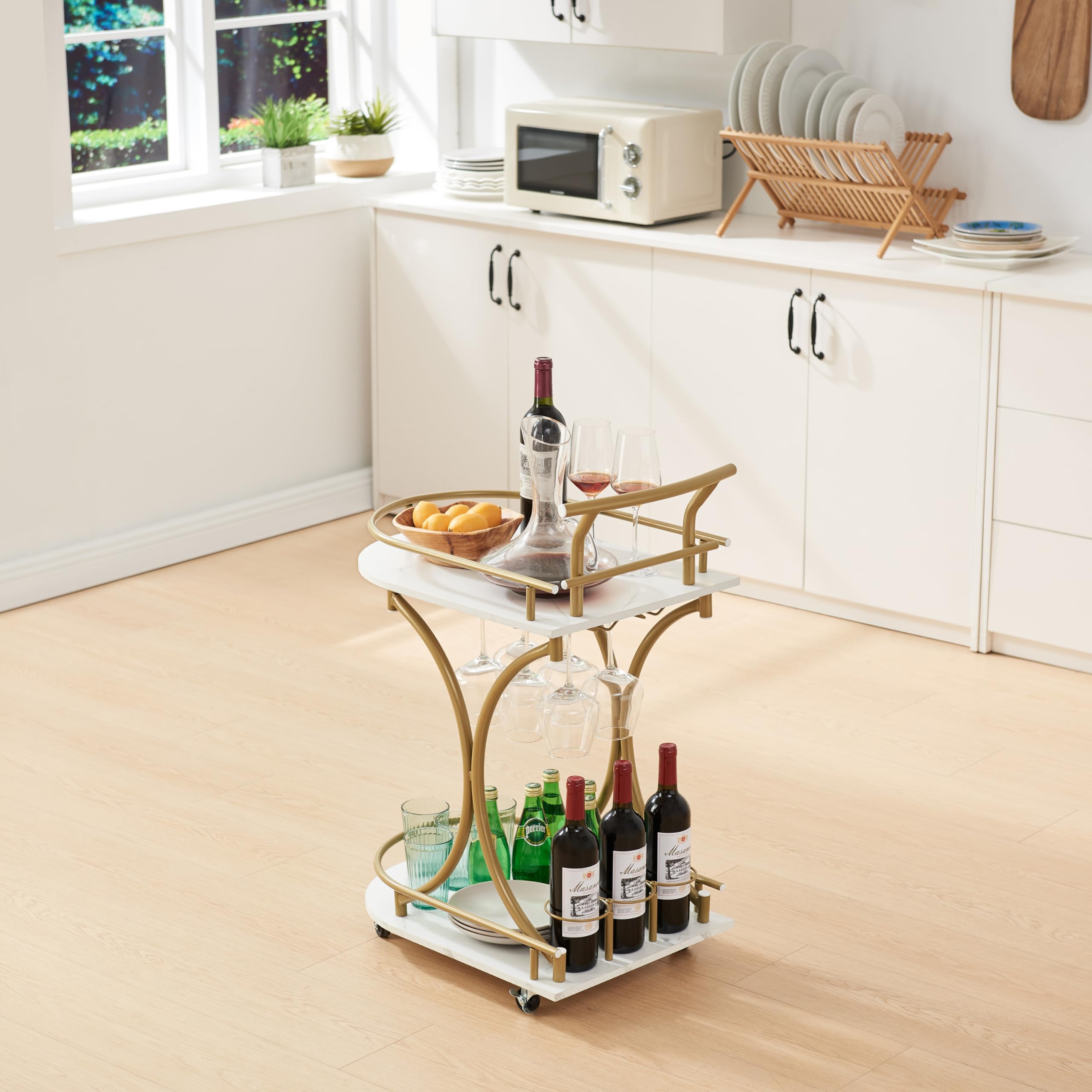 JOIN IRON Gold Bar Cart, 2-Tier Home Bar Serving Cart with Wheels, Wine Rack & Glass Holder, Mobile Beverage Cart for Kitchen, Dining Room, and Living Room (Gold2)