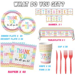 142Pcs Thanksgiving Paper Plates and Napkins Sets Thank You Party Decorations We Appreciate You Plates and Napkins Set with Cups Tablecloth and Banner Appreciation for Employee Teacher Doctor Parents