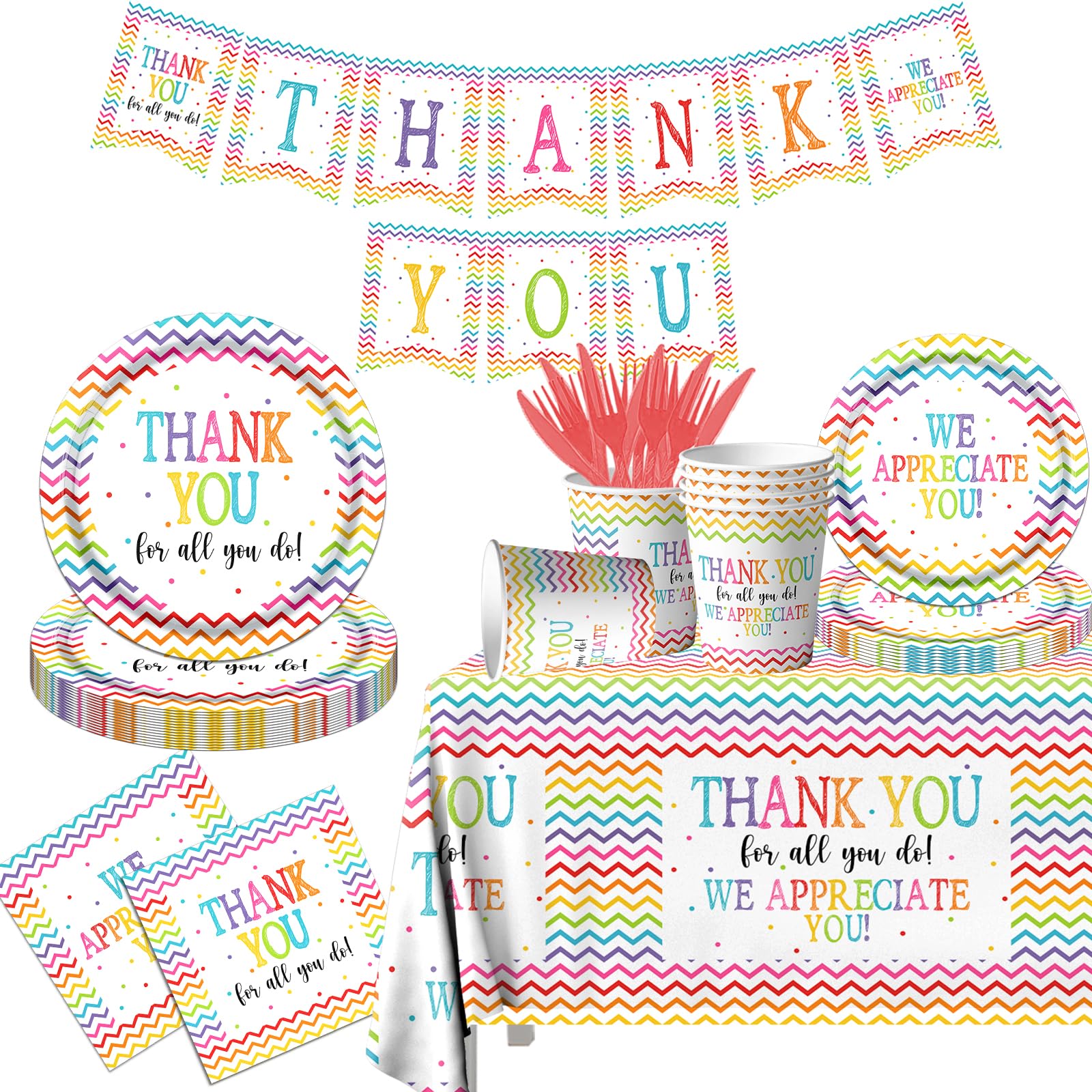 142Pcs Thanksgiving Paper Plates and Napkins Sets Thank You Party Decorations We Appreciate You Plates and Napkins Set with Cups Tablecloth and Banner Appreciation for Employee Teacher Doctor Parents